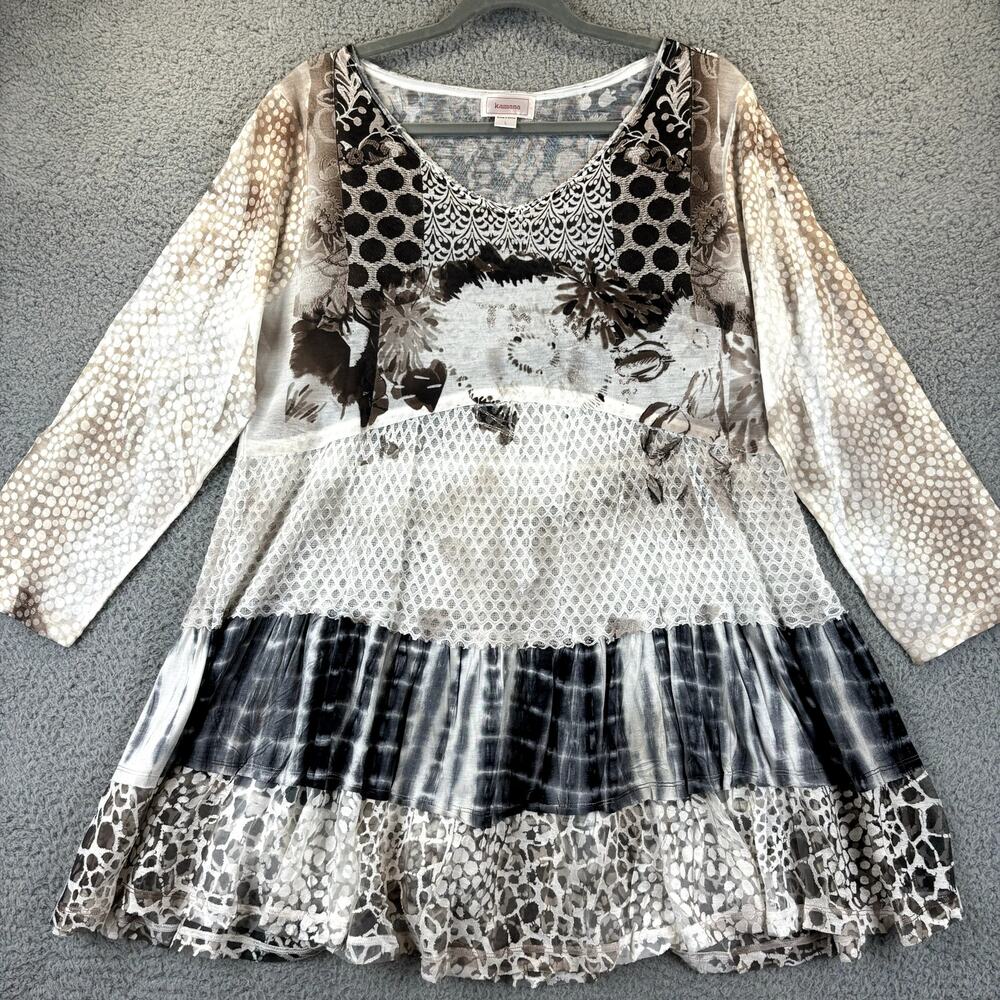Kamana Womens Tunic Large Artsy Boho Lagenlook Sheer Animal Print Tiered Flowy